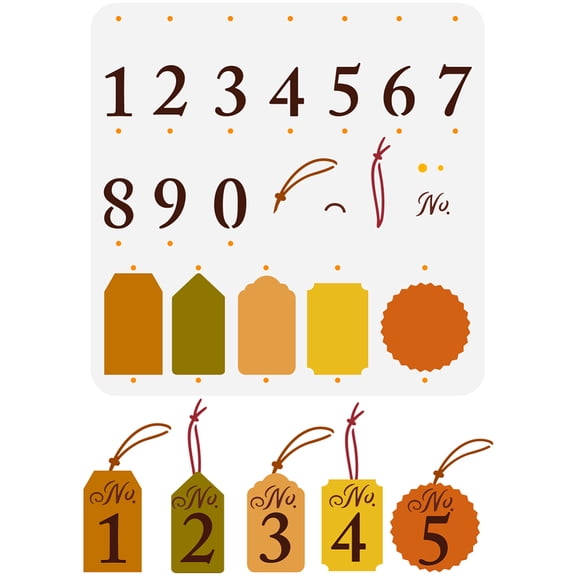 Numbered Tags Painting Stencil 11.8x11.8inch Reusable No. 0~9 Labels Pattern Drawing Template DIY Art Rectangle Round Numbers Tags Stencil