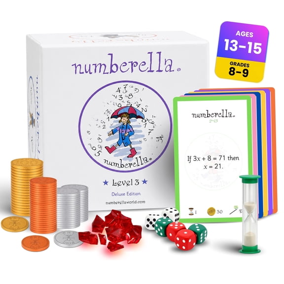 Numberella Deluxe Math Card Game – Level 3 | Ages 13–15, Grades 8–10 | Algebra, Geometry & Statistics | Middle School Math Game | Award-Winning STEM | 432 Questions, 6 Card Types | 2–5 Players