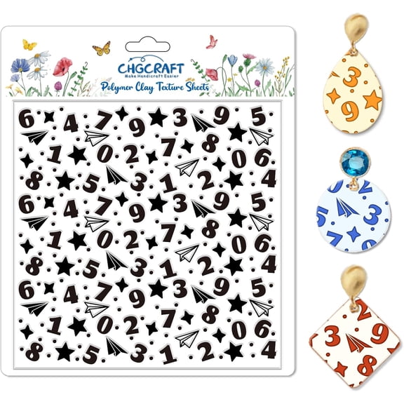 Numbers Pattern Polymer Clay Texture Sheet Stars and Paper Airplanes Silicone Texture Mat for Polymer Clay Making Earrings Jewelry DIY Crafts 5.5 × 5.5 Inch