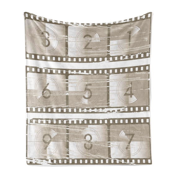 Numbers Soft Flannel Fleece Blanket, Vector Style Illustration of Countdown Numbers on a Film Strip Pattern Print, Cozy Plush for Indoor and Outdoor Use, 50" x 70", Umber Warm Taupe, by Ambesonne