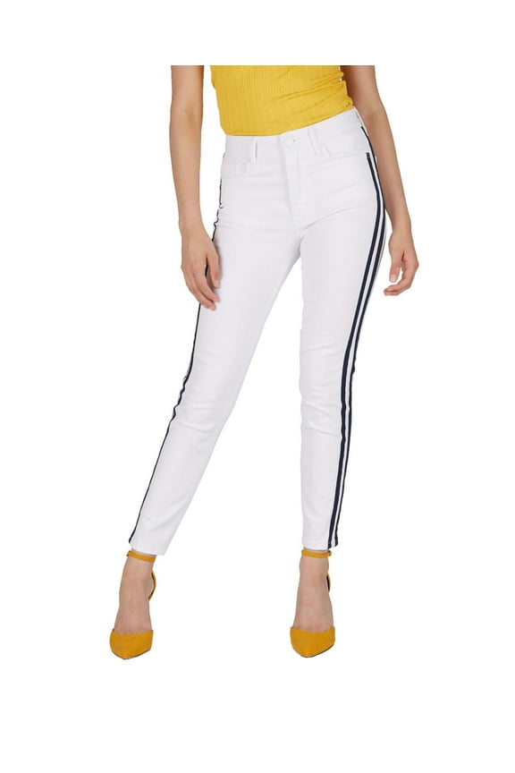 Womens High-Rise Side-Stripe Skinny Jeans, White, 28