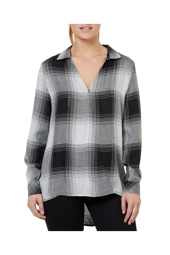 Womens Plaid Crossover V-Neck Top, Black/Grey, Medium