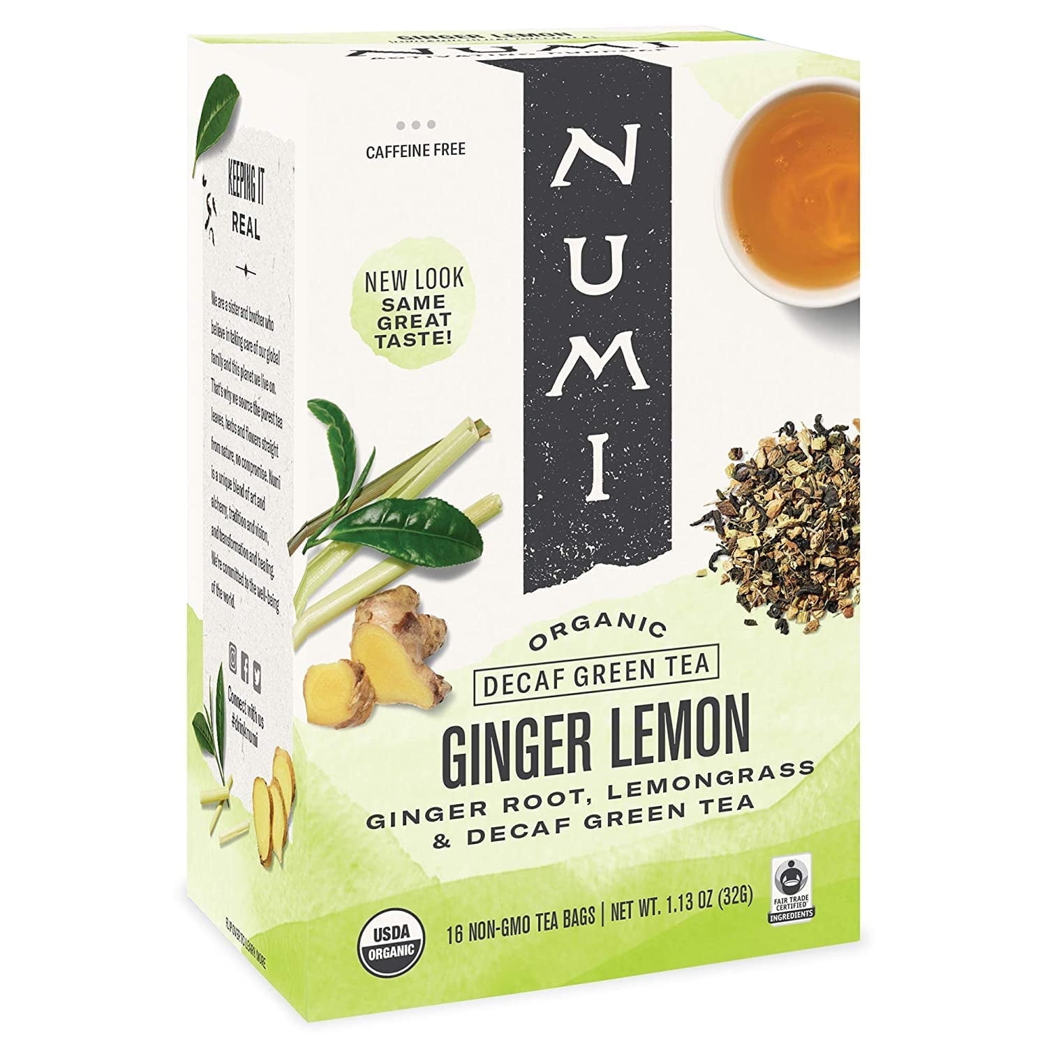 Numi Organic Tea Decaf Ginger Lemon - 16 Tea Bags Pack of 4