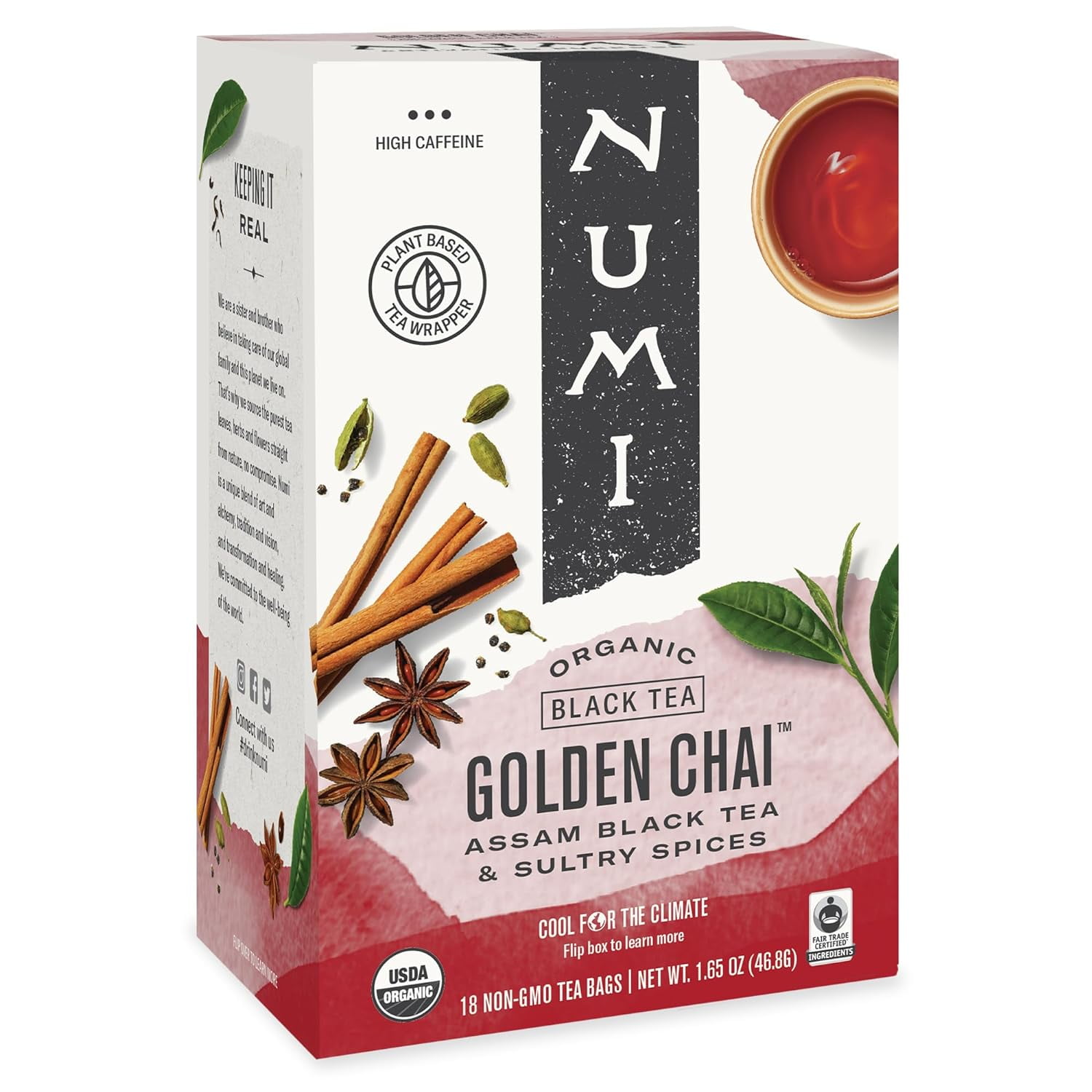 Numi Organic Tea Golden Chai Spiced Assam Black Tea 18 Tea Bags Pack of 4