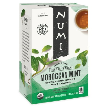 Numi Organic Caffeine Free Moroccan Mint Herbal Tea, 18 Count Microplastic Free Tea Bags