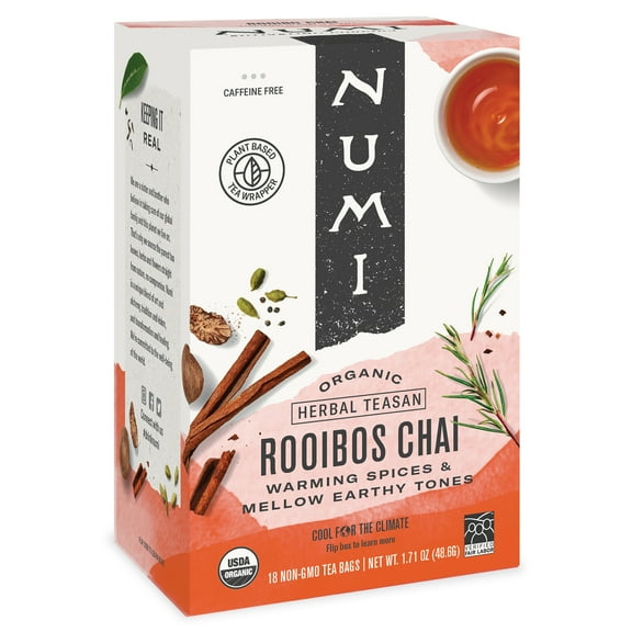 Numi Organic Caffeine Free Rooibos Chai Tea, 18 Count Microplastic Free Tea Bags
