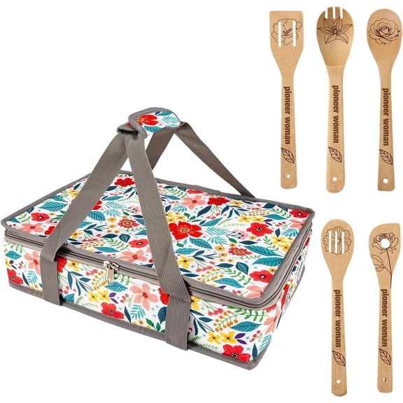 Numjaw Insulated Casserole Carrier for Hot or Cold Food, Casserole Travel Carry Bag with 5 Cute Wooden Spoons, Food Warmer Bag for Party/Picnic, Kitchen Accessories, Gifts for Women