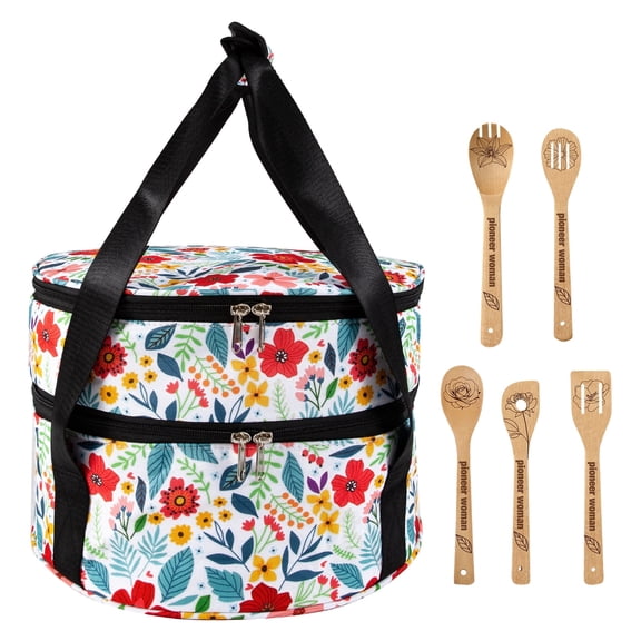 Numjaw Insulated Casserole Carrier for Hot or Cold Food, Double Decker Round Lunch Bag with 5 Wooden Cooking Spoons Set, Casserole Travel Carry Bag with Carry Handles, for Trip, Party, Picnic