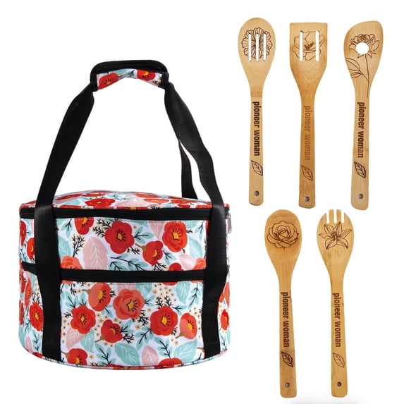 Numjaw Insulated Casserole Carrier for Hot or Cold Food, Double Decker Round Lunch Bag with 5 Wooden Cooking Spoons Set, Casserole Travel Carry Bag with Carry Handles, for Trip, Party, Picnic