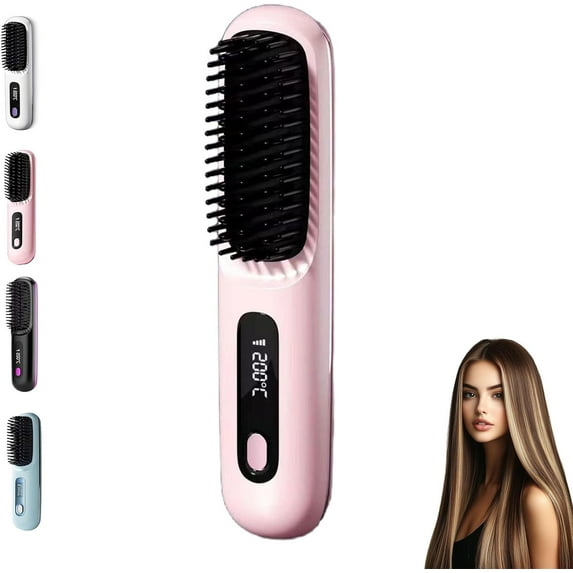 Numoya Go Brush Pro, Portable Straightener Brush - Gobrush Pro, Rechargeable, Lightweight, Fast Heating, Cordless Mini Hair Brush (Pink)