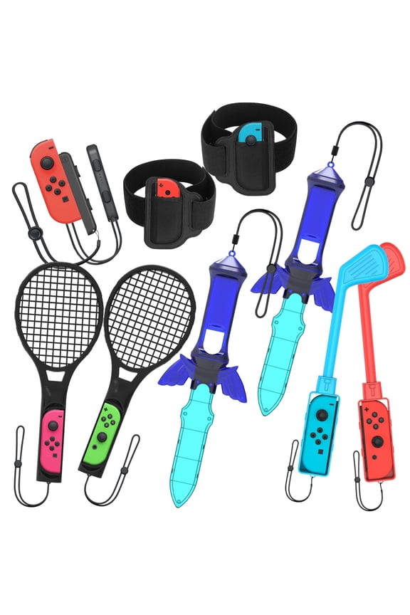 Nintendo Switch Sports Joy-Con Accessories Mega Pack - (2x Golf Clubs, 2x Rackets, 2x Arm Bands, 2x Swords, 2x Wrist Straps) - Bundle For Nintendo Switch Sports