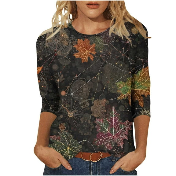 NuoCaiYun 3/4 Sleeve T-Shirts for Women'S Floral Print Round Neck Three Quarter Sleeve Loose Plus Size Blouses