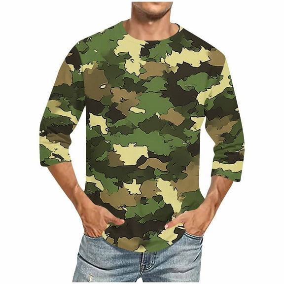 NuoCaiYun Athletic T-Shirt for Men 3/4 Sleeve Camouflage Print Crew Neck Tops Plus Size T-Shirts