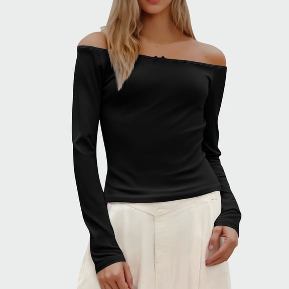 NuoCaiYun Blouses Women'S Solid-Colour Lace Bow Long-Sleeved Off-The-Shoulder Pullover Casual Fashionable Tops