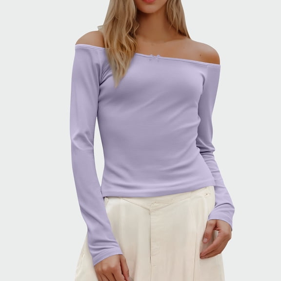 NuoCaiYun Blouses Women'S Solid-Colour Lace Bow Long-Sleeved Off-The-Shoulder Pullover Casual Fashionable Tops