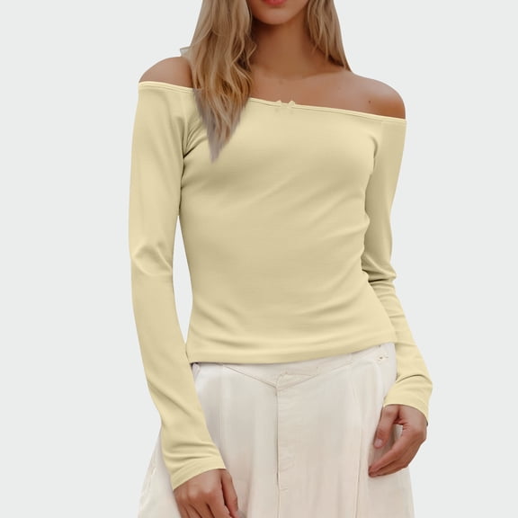 NuoCaiYun Blouses Women'S Solid-Colour Lace Bow Long-Sleeved Off-The-Shoulder Pullover Casual Fashionable Tops