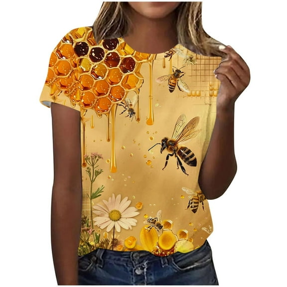 NuoCaiYun Blouses for Women, Women'S Tops World Honey Day Printed Summer Short Sleeve Crew Neck Casual T Shirts