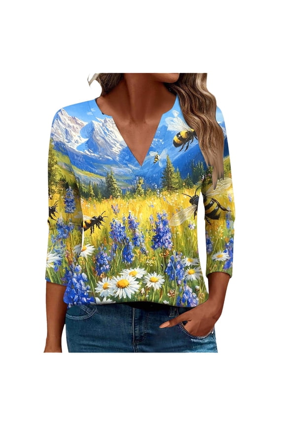 Blouses for Womens, Ladies World Bee Day Print V-Neck Three-Quarter Sleeve T-Shirt Loose-Fit Tops