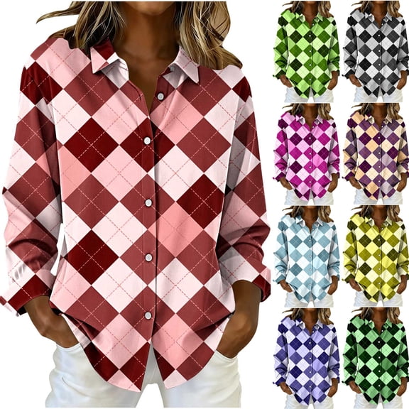 NuoCaiYun Business Work Shirts for Ladies,Women'S Plaid Print Single-Breasted Long-Sleeve Shirt Turndown Collar