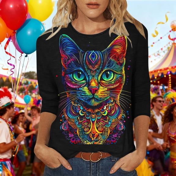 NuoCaiYun Carnival 3/4 Sleeve T-shirt for Women Mardi Gras Casual Round Neck Three Quarter Sleeve Pullover Tops