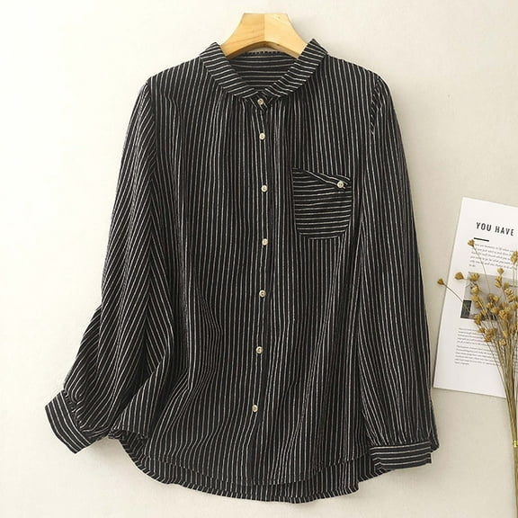 NuoCaiYun Cotton Linen Shirts Women'S Winter Fall Casual Long Sleeve Turndown Collar Buttons Shirt Solid Color