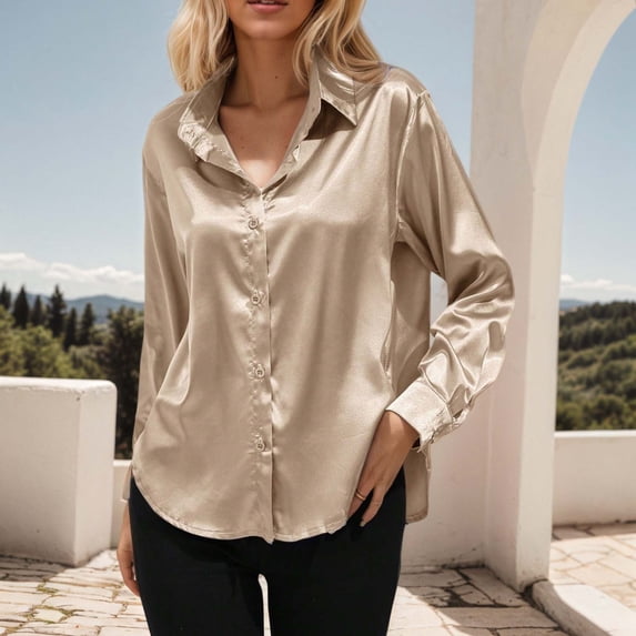 NuoCaiYun Fall Winter Button Turndown Collar Shirts Women'S Solid Color Long Sleeve Fashionable Tops Polyester
