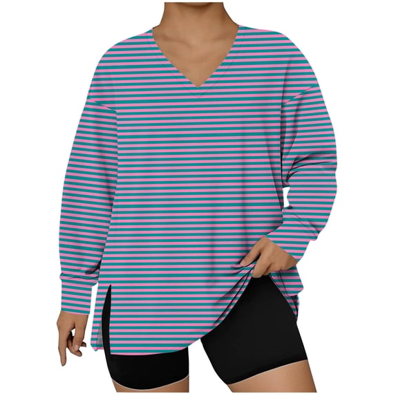 NuoCaiYun Fashion Women'S Plus Size Blouse Striped Print Hem Slit Long Sleeve V-Neck Pullover Fashionable Tops