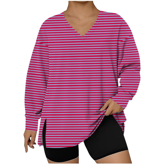 NuoCaiYun Fashion Women'S Plus Size Blouse Striped Print Hem Slit Long Sleeve V-Neck Pullover Fashionable Tops