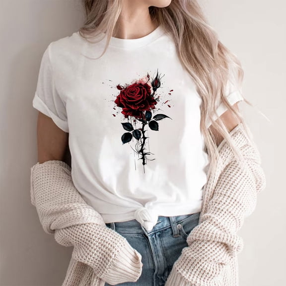 NuoCaiYun Floral Print Short Sleeve Womens Tops Summer Trendy Round-Neck Blouses Casual Polyester T-Shirt