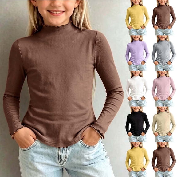 NuoCaiYun Girls Ribbed Long Sleeve Turtleneck Tops, Mock Neck Ruffle Trim Slim Fit Solid Color Kids Base Layer Blouses 3-4 Years