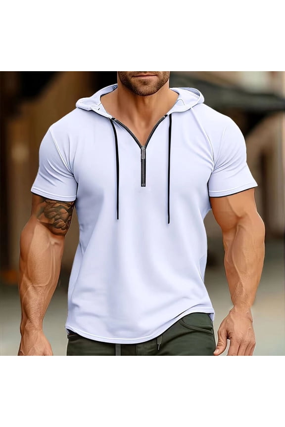 Hoodies Mens Quarter Zipper Short Sleeve Hooded T-Shirts Drawstring Lightweight V Neck Pullover Summer Athletic Shirt