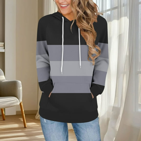 NuoCaiYun Hoodies Women'S Color Blocked Fashionable Loose Casual Long Sleeve Pocket Hooded Sweatshirt Tops