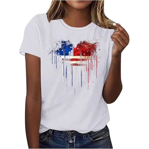 NuoCaiYun Independence Blouses for Women Casual Crew Neck Short Sleeve Pleated Tops Fashion Clothes