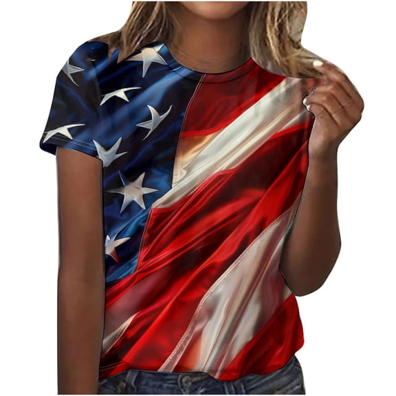 NuoCaiYun Independence Blouses for Women Casual Crew Neck Short Sleeve Pleated Tops Fashion Clothes