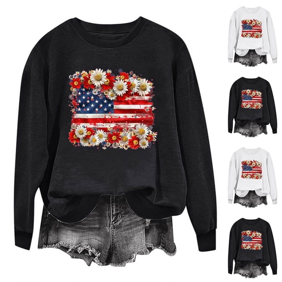NuoCaiYun Independence Day T-Shirt for Women, New Winter Ladies Long Sleeve Round Neck Pullover Black White Blouses