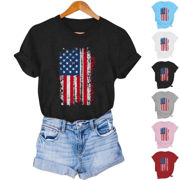 NuoCaiYun Independence Day T Shirts Women'S Print Crew Neck Short Sleeve Raglan Pleated Loose Tops