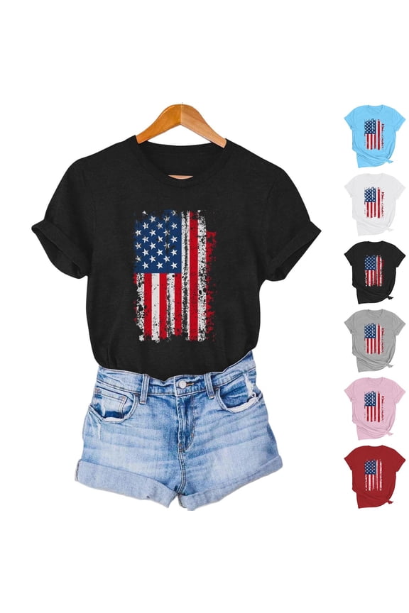 Independence Day T Shirts Women'S Print Crew Neck Short Sleeve Raglan Pleated Loose Tops
