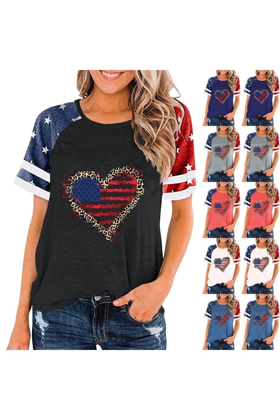 Independence Day T Shirts Women'S Print Crew Neck Short Sleeve Raglan Pleated Loose Tops