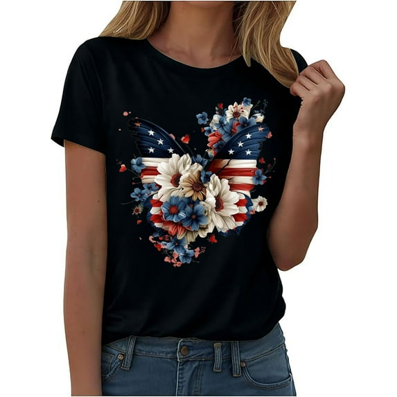 NuoCaiYun Independence Day T Shirts Women'S Print Crew Neck Short Sleeve Raglan Pleated Loose Tops