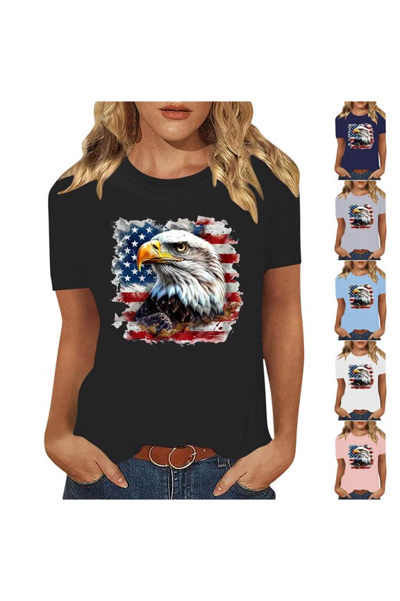 Independence Day Tops for Women, Ladies Spring Summer Short Sleeve Round Neck Casual Printed Cotton T-Shirt