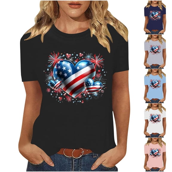 NuoCaiYun Independence Day Tops for Women, Ladies Spring Summer Short Sleeve Round Neck Casual Printed Cotton T-Shirt