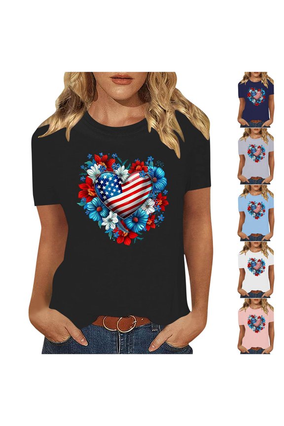 Independence Day Tops for Women, Ladies Spring Summer Short Sleeve Round Neck Casual Printed Cotton T-Shirt