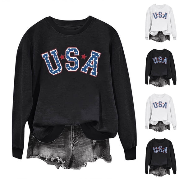 NuoCaiYun Independence Day Tops for Women Winter, Ladies Long Sleeve Round Neck Pullover T-Shirt Black White Blouses