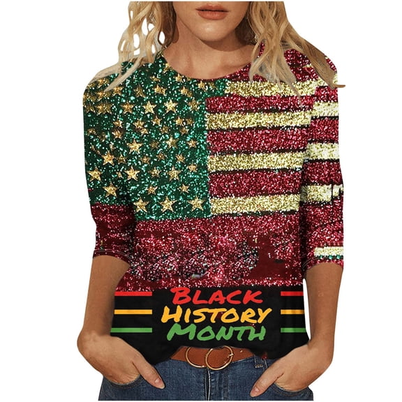 NuoCaiYun Ladies 3/4 Sleeve T-Shirt Black History Month Printed Round Neck Three Quarter Sleeve Loose Tops
