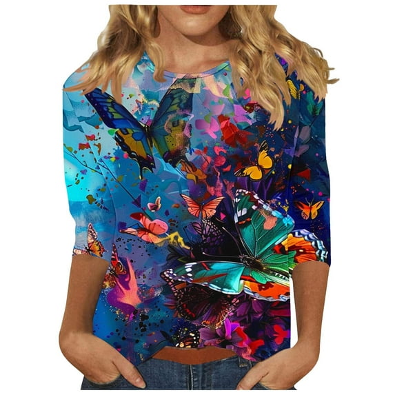 NuoCaiYun Ladies 3/4 Sleeve T-Shirt, Fashionable Women'S Hawaiian Printed Casual Round Neck 3/4 Sleeve Tops