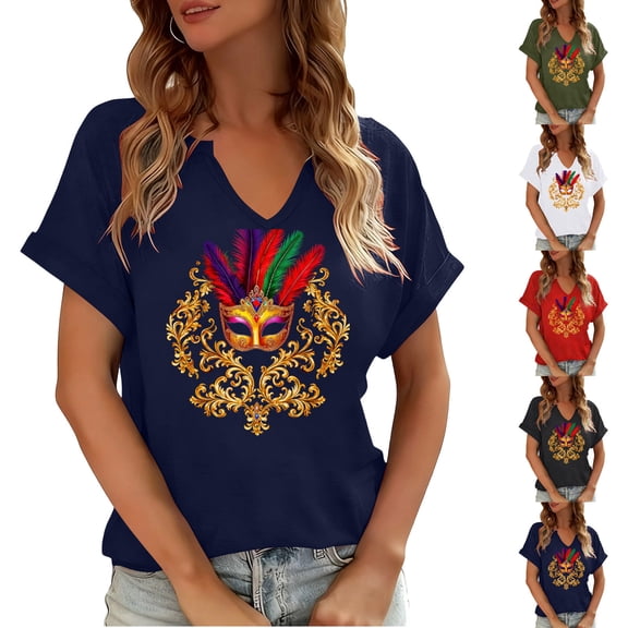 NuoCaiYun Ladies Carnival Blouses, Women Mardi Gras T-Shirt Fashionable Loose Party Carnival Printed V Neck Short Sleeve Tops