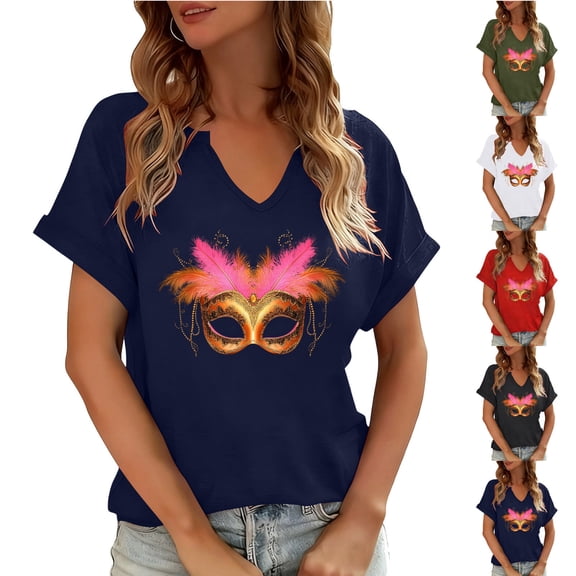 NuoCaiYun Ladies Carnival Blouses, Women Mardi Gras T-Shirt Fashionable Loose Party Carnival Printed V Neck Short Sleeve Tops