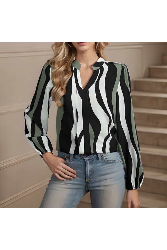 Ladies Casual Fashion Striped Color Blocked Long Sleeve V-Neck Tops Women Nylon Spandex Blouses