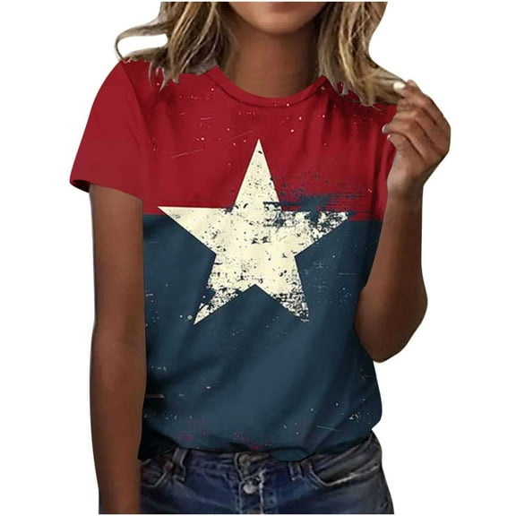 NuoCaiYun Ladies Spring Summer Tops, Womens Short Sleeve Blouses O Neck Casual Independence Day Printed T-Shirts