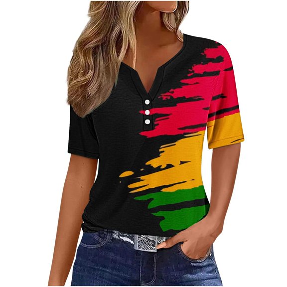 NuoCaiYun Ladies Spring Summer Tops, Womens Short Sleeve Blouses V Neck Button Casual Independence Day Printed T-Shirts